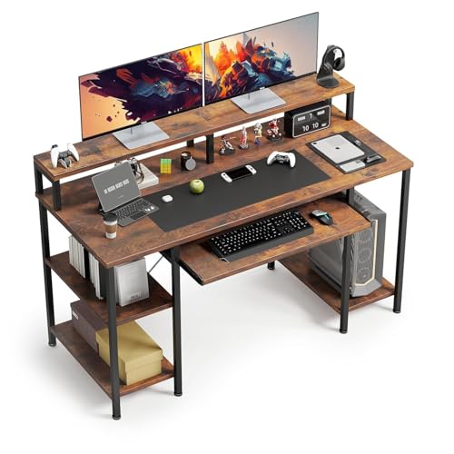 Image of Un-Desk Computer Table for Home Office and Study Table with 3 Shelf Workstation Desk for Desktop Pc Laptop and Gaming with Keyboard Tray Reversible Shelf Left and Right 150 CM Forest Dark