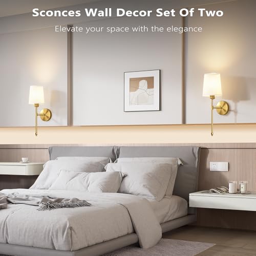 Image of Ouyulong Battery Operated Wall Sconces Set of 2, Wireless Rechargeable Dimmable Wall Light with 5600mAh RGB Bulb and Remote for Bedroom, Living Room, Hallway, Gold, 24in