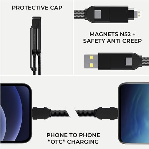 Rolling Square inCharge XL 30 cm - brelok z kablem USB typu c, uniwersalny kabel komórkowy, dla mężczyzn, uniwersalna ładowarka do telefonu 6 w 1, gadżet techniczny, czarny, kabel Lightning 100 W