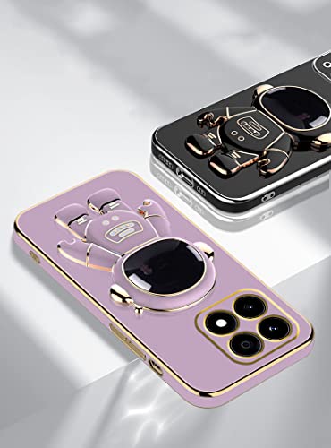 Wousunly Compatible With Honor X6a Case Shockproof, Ultra Slim Soft Silicone Honor X6a Phone Case with Cute Astronauts Hidden Brackets Cover (Purple)