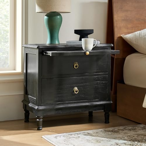 HULALA HOME Solid Wood Nightstand with 2 Drawers, Mid-Century Nightstand with Charging Station and Hidden Pull-Out Shelf, Bedside Tables with USB Ports for Bedroom, Charcoal