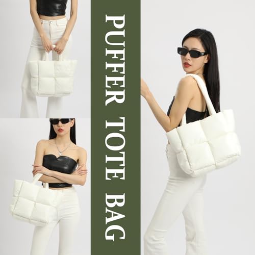 OWGSEE Puffer Tote Bag, Weiche Puffy Taschen für Frauen Leichte Winter Daunen Baumwolle Gepolsterte Gesteppte Tragetasche Schulter Handtasche Geldbörse, Weiss/opulenter Garten, Medium