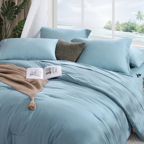 Image of Queen Comforter Set-7 Pieces Soft Prewashed Bed in a Bag Queen Bedding Sets | All Season Comforter with Sheets, Pillow Shams & Pillowcases, Sky Blue