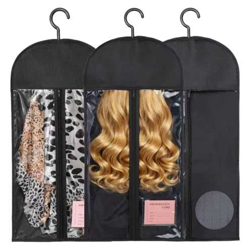 tbotfd 3PCS Anti-Static Wig Storage & Care Multi-functional Wig Holder for Multiple Wigs Wig bags for travel Dust-Proof Storage Organizer with Hook for Hair Extensions Wigs & Accessories (Black)
