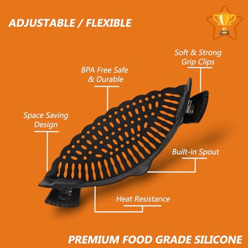 Clip On Strainer Silicone for All Pots and Pans, Pasta Strainer Clip on Food Strainer for Meat Vegetables Fruit Silicone Kitchen Colander (Black) — view 4