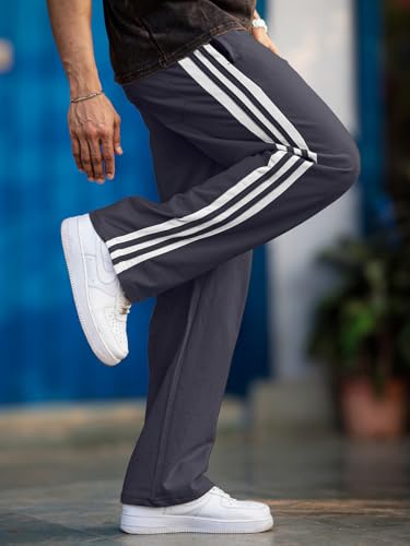 Image of Men's Track Pants with White Side Stripes | 4-Way Lycra Twill Polyester Straight Relaxed Fit Joggers | Mid-Rise Flexi Waist Lounge Bottoms