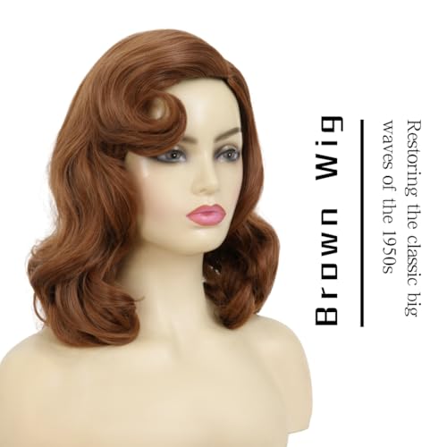Image of Swiking Vintage Brown 1950s Hollywood Big Wave Wig Synthetic Curly Wig for Retro Parties Halloween Daily Use(Auburn Brown)
