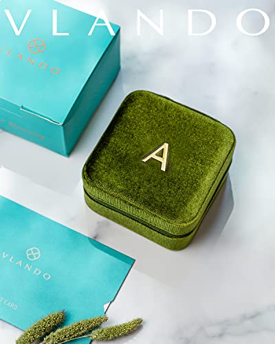 Vlando Velvet Travel Jewelry Case, A Initial Letter Travel Jewelry Box For Women Girls, Small Jewelry Organizer Box With Mirror, Travel Gifts For Women Girls, Mothers Biirthday Valentines Day Gift Ideal (A, Green) #TOP1