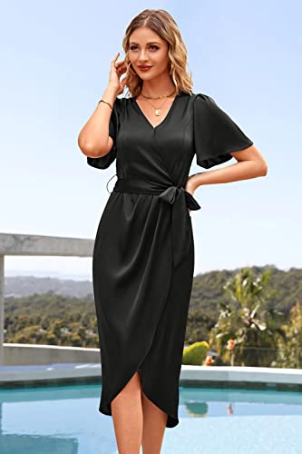 Newshows Women's Summer 2023 Satin Cocktail Midi Dress Belted Ruched Slit Formal Wedding Guest Evening Party Dresses (Black, M) #TOP2