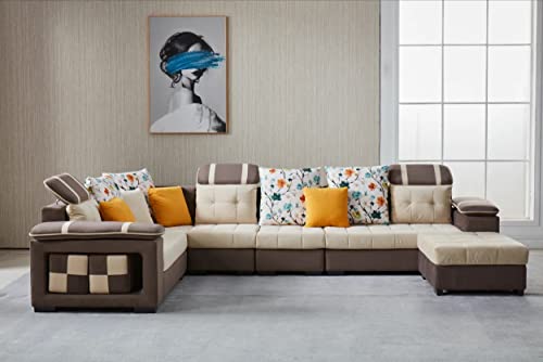 Image of Tyler 9 Seater U Shape Fabric Sofa Set in Cream & Brown Color for Living Room, Couch Sofa for Living Room, Nine Seater Sofa