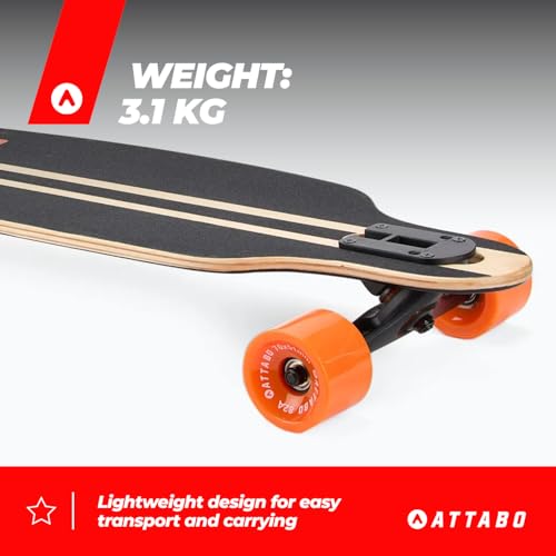 ATTABO Longboard FLOWRIDER in Schwarz - 9 x 38 Ahornholz-Deck, 7 Aluminiumachsen, ABEC-7 Kugellager, 70x51 mm 78A Rollen - Stabilität und Komfort für Stadtfahrten & Abfahrten
