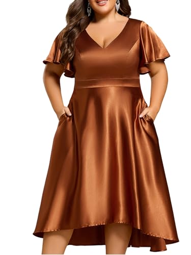 Ever-Pretty Summer V Neck Satin Short Sleeves Plus Size Formal Wedding Guest Dresses for Curvy Women with Pockets Copper US24