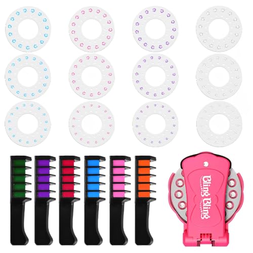 IKOPFLN Brillantini per capelli,Set di timbri per capelli per bambini, + 6 Pettine per tinture per capelli,con pietre scintillanti, strumento per acconciatura rosa con gioielli riutilizzabili