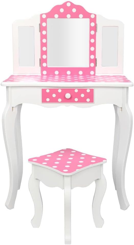 Sophisticated Three-Fold Mirror Dressing Table with Single-Drawer and Curved Legs Playfully Decorated with Red Dots