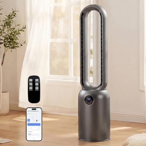Image of 36 inch Bladeless Tower Fan for Bedroom, Powerful 26ft /s Airflow, 24 Speeds, 90 Oscillation, 12H Timer, Standing Fans with Remote, Quiet Bladeless Cooling Fan for Home Office Room, Dark Grey