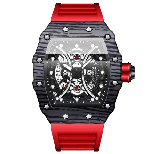 OIDEA Herren Silikon Armbanduhr Tonneau: Rot Armband Herrenuhr Analog Quarz Uhr Kalender mit großem Zahnrad Schwarz Zifferblatt Sport Uhren Geschenk für Männer Freund