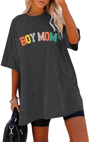 Oversized Mama Tshirt Women Boy Mom Shirt Mom Lift T-Shirt Gift for Mom Glitter Patch Shirt Causal Crew Neck Tops Dark Grey