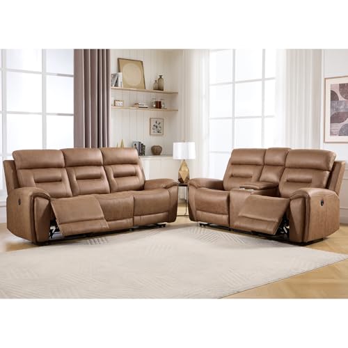 Image of ANJ 2-Piece Faux Leather Power Recliner Sofa Set with Charging Ports, Include 2-Seater Loveseat with Hidden Storage & Cup Holders and Electric 3-Seater Reclining Couch for Living Room, Brown