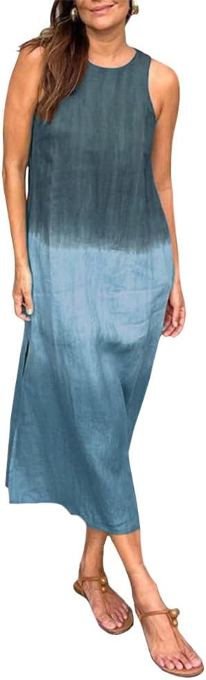 Summer Dresses for Women 2024 Casual Trendy Crewneck Sleeveless Gradient Tie Dye Long Sundresses