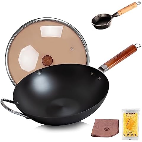 WANGYUANJI Carbon Steel Wok,14.2" Wok and Melting Pot Cast Iron Sauce Pan Cover
