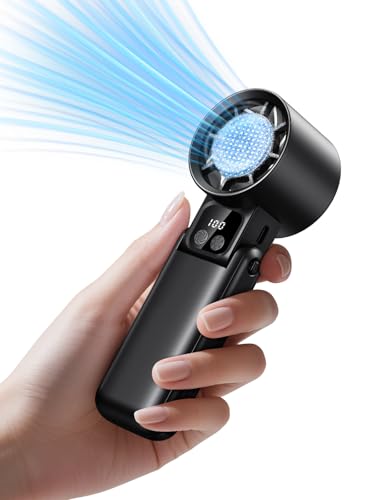 Qtitis Portable Handheld Fan with Ice Cooler, 5 Gear Wind,Hand Fans with 15000RPM Air Turbo Tech, 3-in-1 Foldable Fans,Digital Display, Rechargeable, Small Portable Fan for Travel,Hiking,Beach,Office