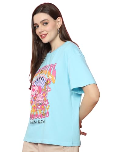Image of Preneum Women's Cotton Aesthetic & Cool Graphic Printed Baggy Fit Drop-Shoulder Sleeves Cotton Oversized T-Shirt || Printed