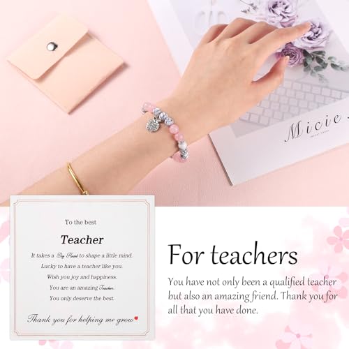 Image of Teacher Appreciation Gift, Teacher Appreciation Bracelet First Day of School Stone Teacher Gifts Apple Bracelet with Card & Storage Bag Bead Bracelet for Graduation Teacher's Day (Pink White)