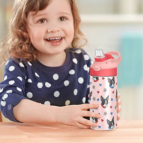 Alaza Dog Floral Hearts Kids Water Bottles With Lids Straw Insulated Stainless Steel Water Bottles Double Walled Leakproof Tumbler Travel Cup For Girls Boys Toddlers 12 Oz,Pink #TOP6