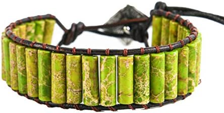 YGLINE Leather Chakra Tube Beads Wrap Bracelet, Multi Color Natural Imperial Jasper for Luck and Harmony,Handmade and Adjustable Wrap Bracelet (green 2)
