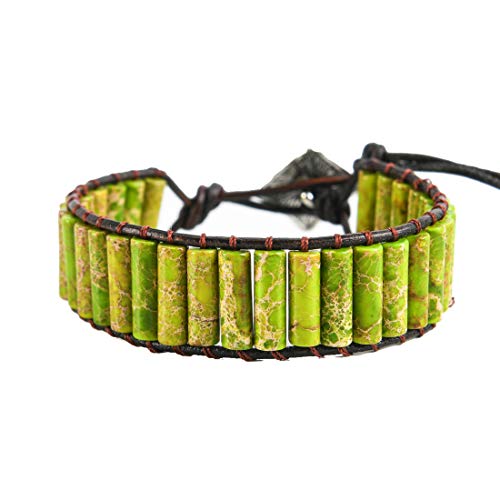 Ygline Leather Chakra Tube Beads Wrap Bracelet, Multi Color Natural Imperial Jasper For Luck And Harmony,Handmade And Adjustable Wrap Bracelet (Green 2) #TOP3