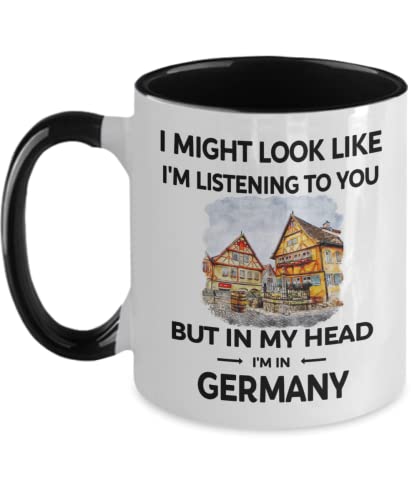 Funny German Lover Coffee Mug Gift, In My Head I'm in Germany, Present for Traveller (Black)