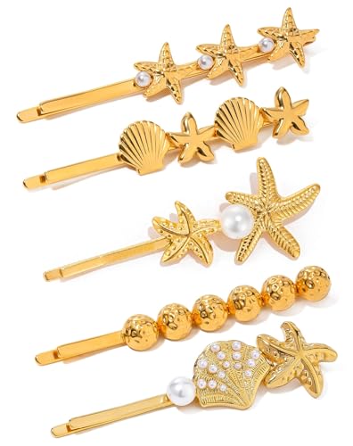 SICOPEE Gold Seashell Pearl Bobby Hair Pins for Girls and Women, 2.3-inch Small 5 Pieces Starfish Hair Clips Hair Accessories