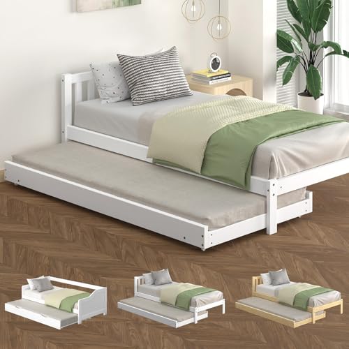 ALFORDSON Talmon Series Bed Frame Trundle, Sliding Bed Base Frame, 2X Single Size Wooden Daybed Base, Under-Bed SlidingTrundle for Adults Kids, White