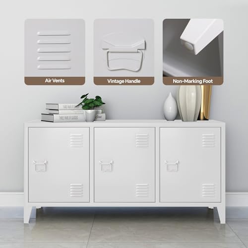 MIOCASA Metal Cabinet with Doors and Shelf,Industrial Steel Storage Cabinet TV Stand, 2 Tier Low Locker TV Cabinet for Home and Office White Size: 44.49W×15.75D×22.83H - Thumbnail 3