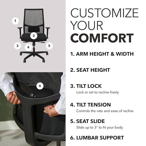 Image of HON Ignition 2.0 Mid‑Back Ergonomic Office Chair, Mesh Task Desk Chair with Lumbar Support, Standard Synchro‑Tilt, Height and Width Adjustable Arms, Black Frame, Black