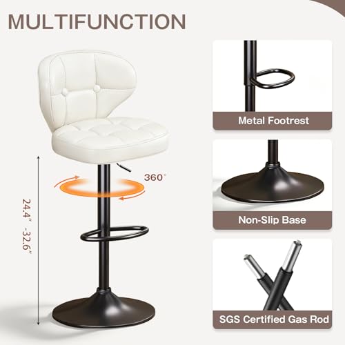 Image of Bar Stools Set of 4,Adjustable Swivel Barstools, Modern PU Leather Upholstered Bar Chair with Back and Footrest,for Bar, Kitchen, Dining Room White