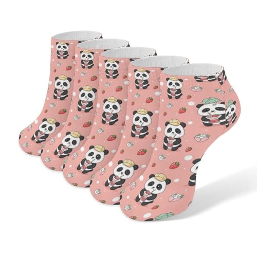 4TH N Casual Fashion Athletic Ankle Socks, Lightweight Comfy Elastic Sock Cute Pink Strawberry Panda for Women and Men Jogging, Training, Walking Wear