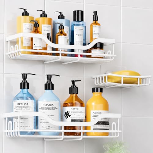 OMAIRA 3-Pack Shower Caddy with Soap Holder, Adhesive Rustproof No-drill Strudy Loading Inside Shower Organizer Shelves Rack Storage Bathroom Organization for Smooth Wall Glass Tile, White (Large)