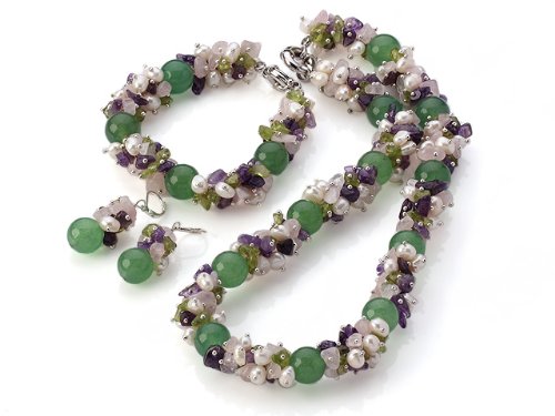 Preisvergleich Produktbild TreasureBay FAB Halskette, Armband und Ohrringe mit runden Aventurin- und Süßwasserperlen