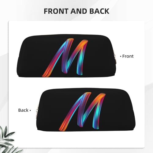 Image of Cute Initial Pencil Case for Kids Simple Leather Pencil Pouch for Boys Girls Letter Design Pencil Box Pen Bag Pencil Pouch Office Stationery Organizer, Rainbow Letter M