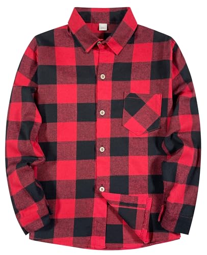Image of SELINK Girls Long Sleeve Flannel Buffalo Plaid Button Down Shirt | Soft Flannel Fabric,Classic Buffalo Plaid Button Down Collared Blouse For Girls Casual Daily Outfits
