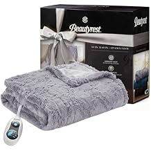 Beautyrest Long Brushed Faux Fur Ogee Textured Design Electric Blanket, Auto Shut Off, Virtually Zero EMF, Multi Heat Setting, UL Certified, Machine Washable, Grey Throw 50x60