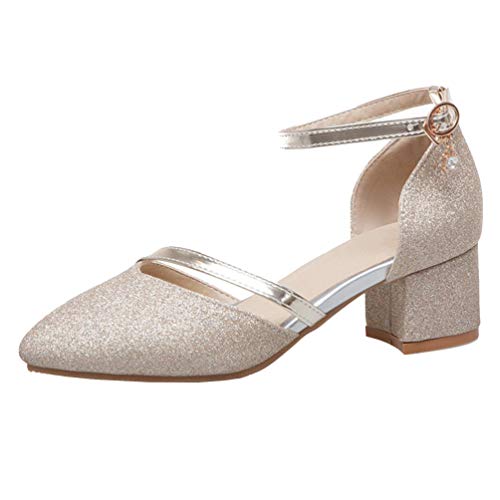 Caradise Womens Pointed Toe Glitter Chunky Heels Ankle Strap Pump Wedding Bridal Shoes