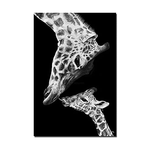 HGLLL Pinturas en Lienzo Divertida Jirafa Interacción Entre Madre e Hijo Arte de la Pared Carteles e Impresiones Animales Imágenes artísticas Decoración del hogar Sin Marco Cover