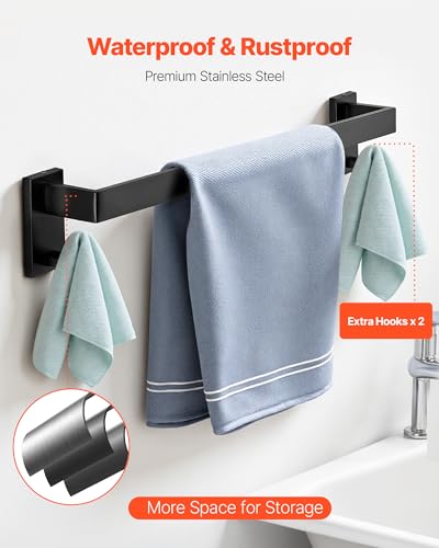 VEVOR Badezimmer Hardware Zubehör Set aus Edelstahl (5-TLG.) inkl. Handtuchstange & Handtuchhalter (quadratischer Ring) & 2 Haken & Toilettenpapierhalter, für Badezimmer, Wandmontage Schwarz