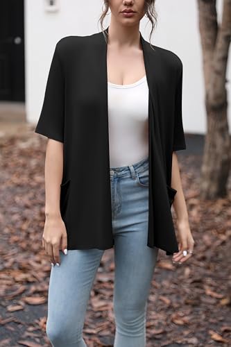 HIYIYEZI Women's Short Sleeve Open Front Cardigan Casual Loose Lightweight Cardigans with Pockets2