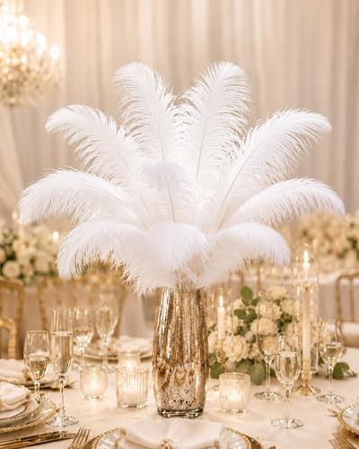 Lot de 10 plumes d’autruche Creny de 30 à 35 cm pour décoration d’intérieur ou mariage, blanc