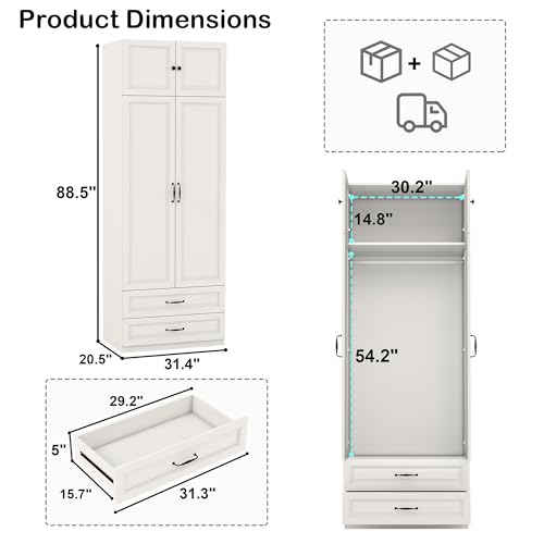 Mhsatyrs Armoire Wardrobe Closet with 2 Drawers: 88\" White Bedroom Closet, Wood Wardrobe Closets with 2 Doors, Tall Armoire Cabinet and Storage Shelves for Clothing (31\") - Thumbnail 2