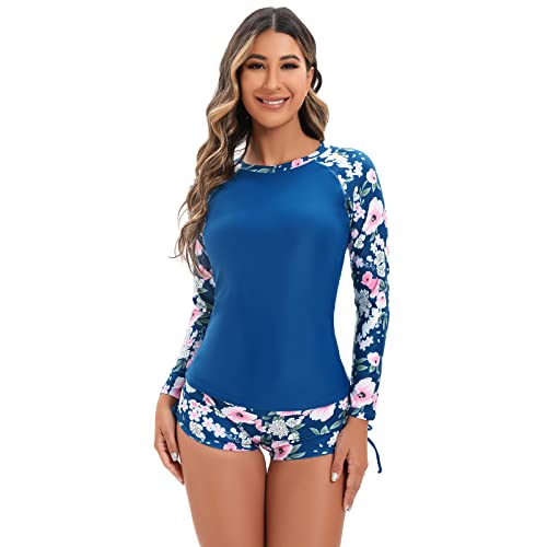 Rash guard 2 pièces femme maillot de bain manches longues floral bleu foncé M