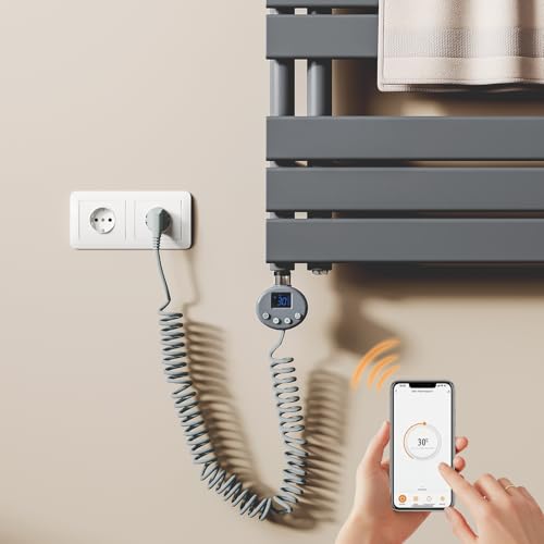 S’AFIELINA élément Chauffant sèche-Serviette avec Thermostat 900W, Minuterie Programmable & Écran LCD, WiFi, Compatible Radiateurs et Barre Chauffante pour Sèche-Serviettes, Couleur Antracite